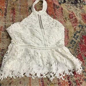 Venus Peplum Top Womens 14 White Cotton Boho Chic Lace Halter Neck Open Back